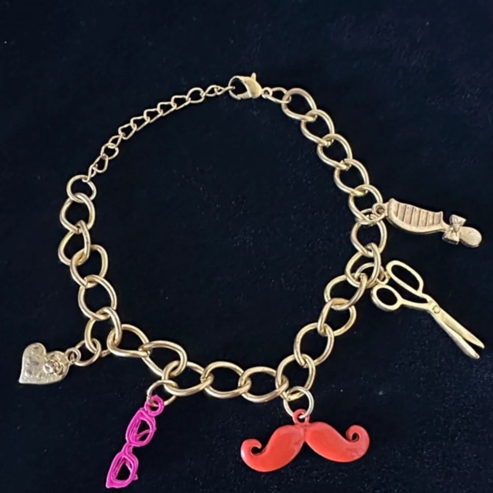 Gold-Tone Charm Bracelet with Pink Glasses & Red Mustache Charms